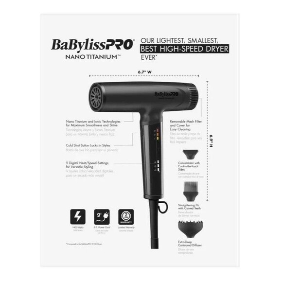 BaBylissPRO Nano Titanium Matte Black Light Ionic High-Speed Dryer | BNTC9200MB - Picture 2 of 4